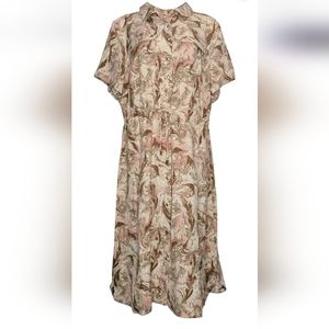 New Isaac Misrahi Woven Utility Retro Shirt Dress 1X 18W Tan Pink Cream Print